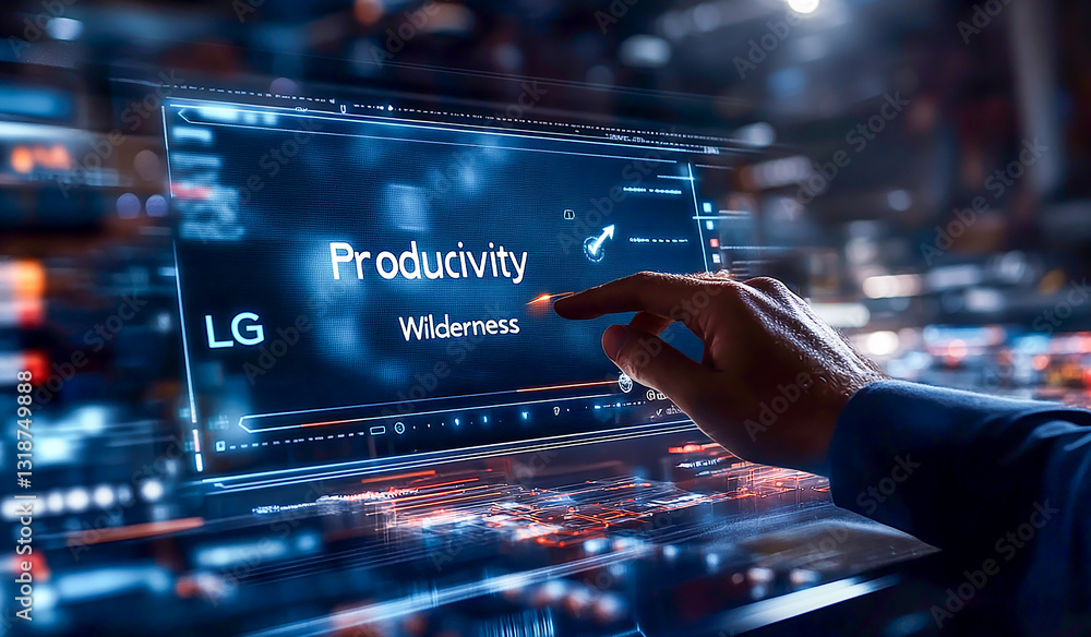 Poster businessman touching a virtual screen with the words pointers, arrow, and plus icon for productivity