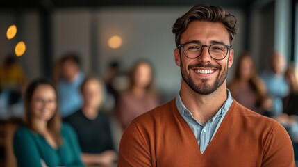 Fototapeta premium Man with glasses is smiling and posing for a picture. He is wearing an orange sweater and is surrounded by other people. Scene is happy and friendly, as the man is smiling and posing for the camera
