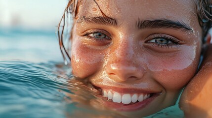 Experience pure joy with this stunning close-up, highlighting a natural smile, radiating warmth and genuine authenticity that captivates This evocative image embodies happiness, beauty, and the