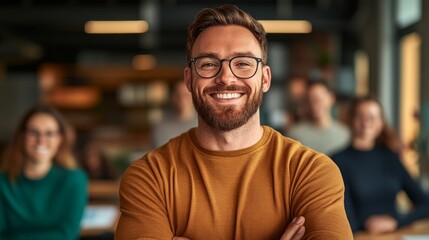 Fototapeta premium Man with glasses is smiling and posing for a photo. He is wearing a yellow sweater and has a beard. The photo is of a group of people, with some of them smiling and others looking at the camera