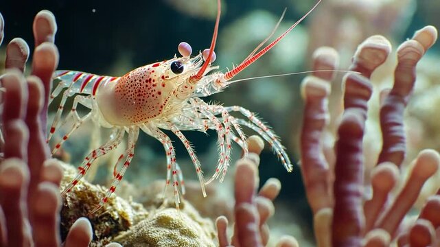 Underwater world macro close-up vibrant cleaner shrimp among coral reefs wildlife