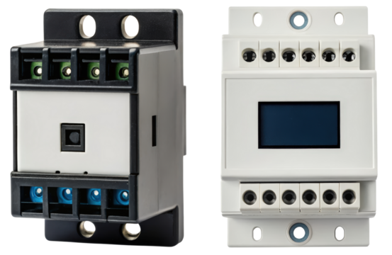 Black and white electrical contactors on a transparent background