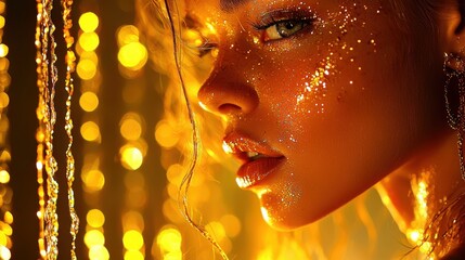 Experience ethereal beauty with this striking Womans profile in golden light, emphasizing holistic harmony and radiance, an image celebrating inner peace and outer glow Delve into the radiant