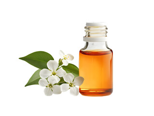 A small glass bottle filled with aromatic essential oil alongside delicate white flowers, symbolizing relaxation and natural beauty.