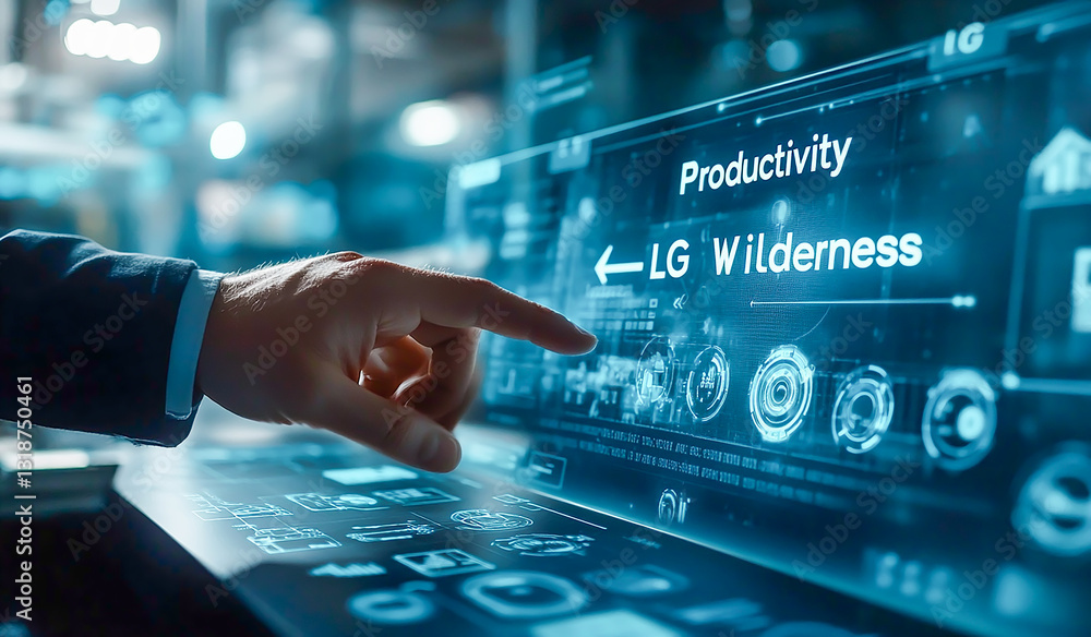 Poster businessman touching a virtual screen with the words pointers, arrow, and plus icon for productivity