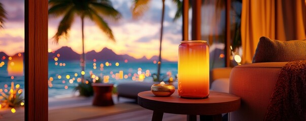 Experience blissful serenity with this breathtaking sunset view from a cozy balcony, featuring soft seating and warm lights Embrace a cozy lifestyle filled with harmony and contentment as you relax