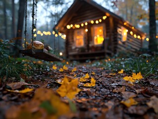 Escape to Rustic Charm Experience a Cozy Lifestyle in a Wooden Cabin Discover the Harmony of Nature with Soft Glowing Lights Illuminating a Picturesque Exterior Relax on a Charming Porch Swing