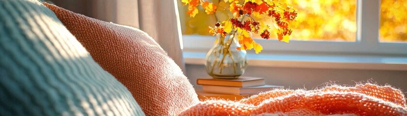 Escape into tranquility with this sunlit reading nook, a haven of soft cushions and warm blankets perfect for a cozy lifestyle Imagine immersing yourself in a captivating book, surrounded by the