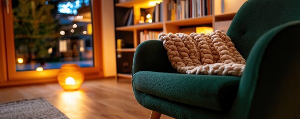 Escape into serenity with this inviting cozy reading corner A vintage armchair beckons, adorned with a soft, knitted blanket, promising warmth and relaxation Bookshelves filled with literary