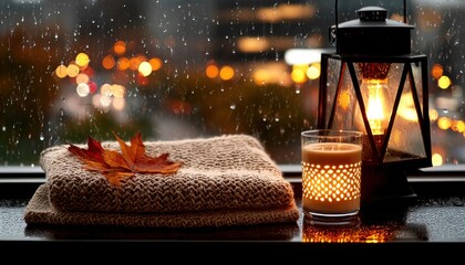 Escape into Serenity Soft-focus Image of Rain Outside a Window, a Cozy Blanket, and a Warm Drink, perfectly capturing a cozy lifestyle This photo evokes feelings of warmth and reflection on a rainy