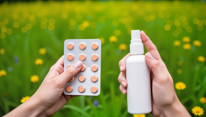Close-up of hands holding nasal spray and antihistamine tablets in nature