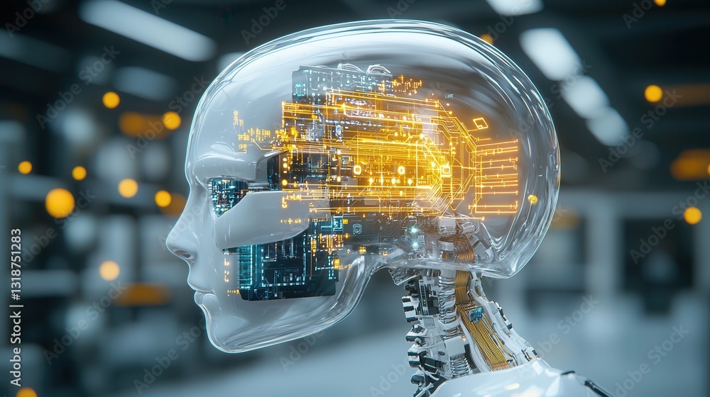 Poster highly detailed digital depicting an advanced cyborg brain showcasing the intricate interplay of fut