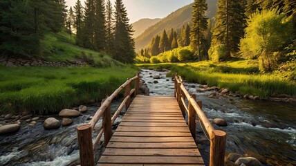 A wooden bridge spans a river in a lush green forest