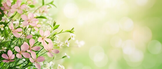 A green background with pink flowers in the foreground