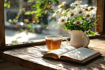 Escape into a Lazy Afternoon Scene Indulge in the Simple Pleasures of Life with Tea, a Good Book, and the Gentle Embrace of Sunlight Streaming through the Window Discover the Essence of a Cozy