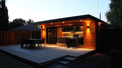 Obraz premium A backyard extension featuring a fully functional Thai kitchen with modern appliances.