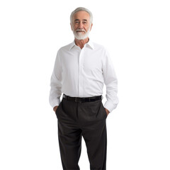 Aged man in a white shirt and black pants isolated on transparent background
