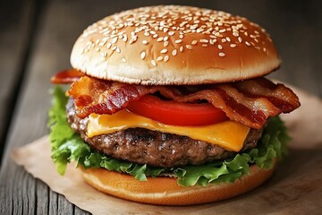 Delicious, juicy bacon cheeseburger
