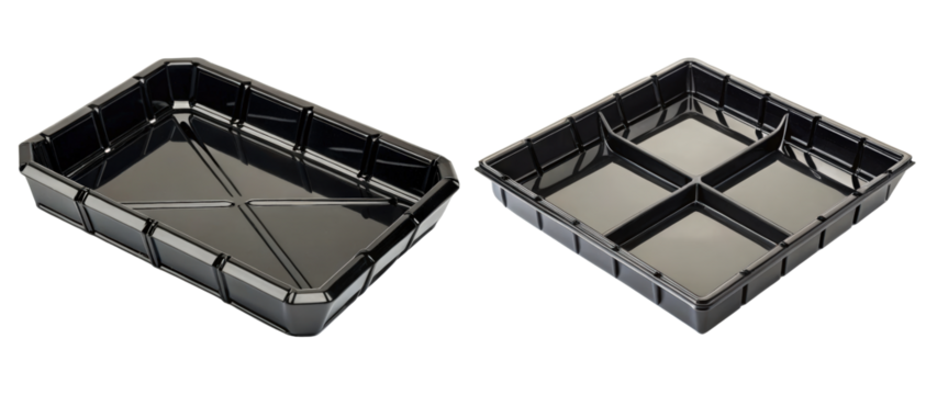 Two black plastic serving trays on a transparent background