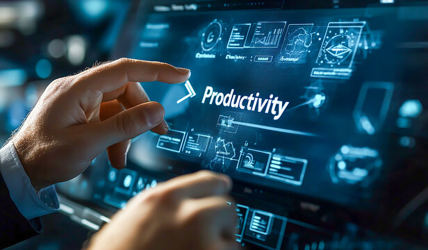 Businessman touching a virtual screen with the words pointers, arrow, and plus icon for productivity