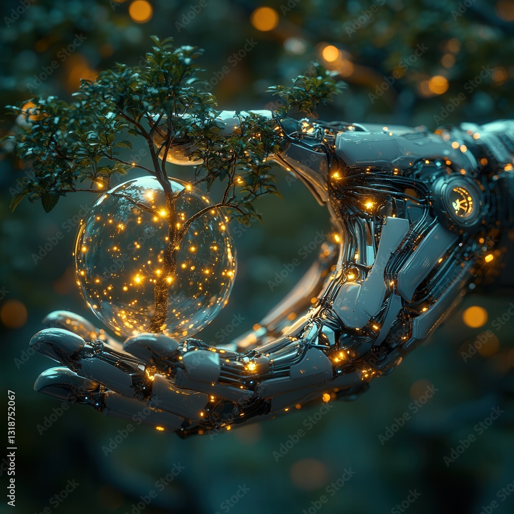 Poster a highly digital rendering of a futuristic robotic tree like structure with glowing illuminated bran