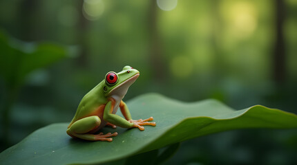 Fototapeta premium A little green frog with red eyes resting on a large leaf, surrounded by lush forest greenery and vibrant nature in the background.