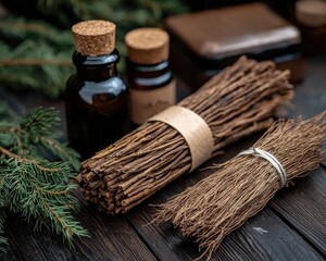 Enhance your mindfulness practice with this serene flat lay composition showcasing dried roots, aromatic sticks, and essential meditation items Discover the calming aroma and grounding energy