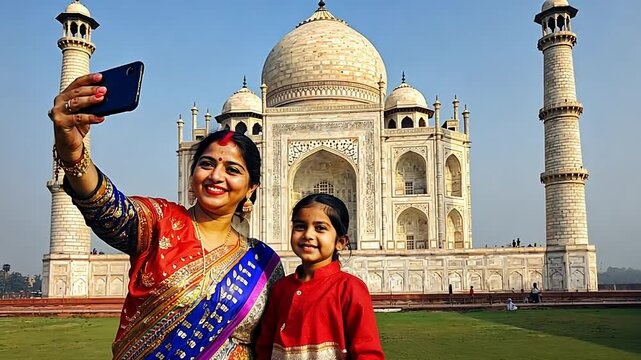 Indian mother and daughter take selfies in front of landmark