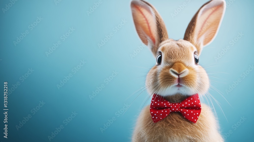 Poster cute rabbit is wearing a red bow tie and looking directly at the camera. the rabbit's nose is also r