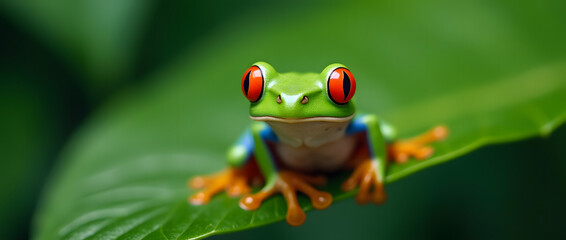 Naklejka premium A little green frog with red eyes resting on a large leaf, surrounded by lush forest greenery and vibrant nature in the background.
