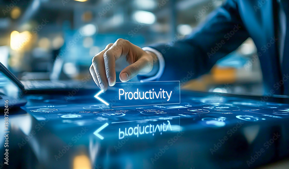 Poster businessman touching a virtual screen with the words pointers, arrow, and plus icon for productivity