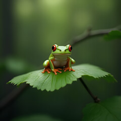 A little green frog with red eyes resting on a large leaf, surrounded by lush forest greenery and vibrant nature in the background.