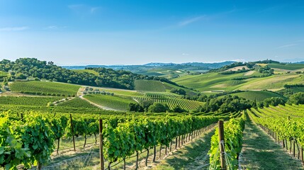 Rows of grapevines in a vineyard with rolling hills in the background.