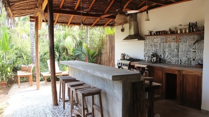Fototapeta premium A backyard kitchen with a wooden roof frame, natural lighting, and an exposed cement counter.