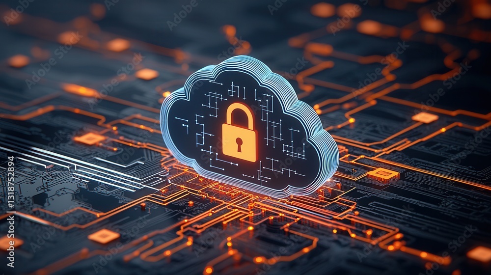 Poster of a cloud based security system with a lock icon representing data protection and encryption on a f