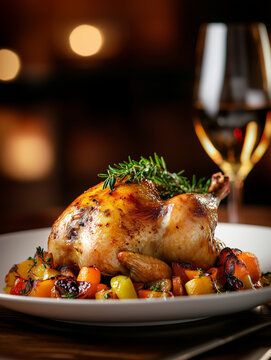 Golden roasted chicken or capon with crispy skin, garnished with fresh rosemary, served with colorful roasted vegetables on a festive dining table with warm candlelight