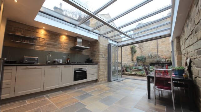 A beautifully designed kitchen extension featuring a translucent acrylic roof and stylish flooring.