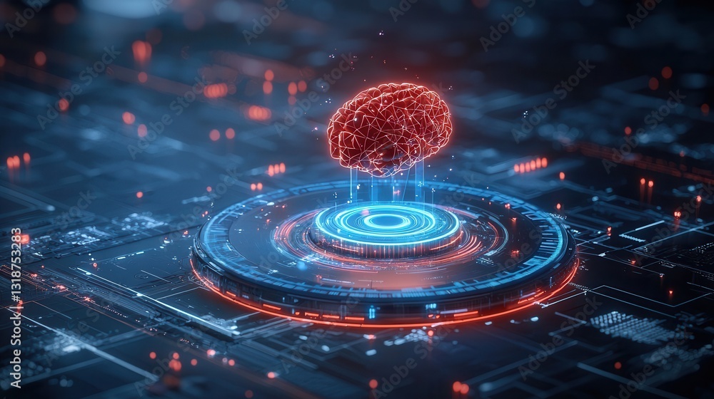 Poster visualizing the intelligent consciousness concept with a glowing neon sphere surrounded by pulsing d
