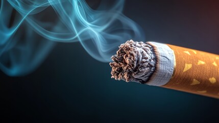 Cigarette is lit and the smoke is billowing out of it. The smoke is thick and dark, and the cigarette is almost burnt out. Concept of danger and harm