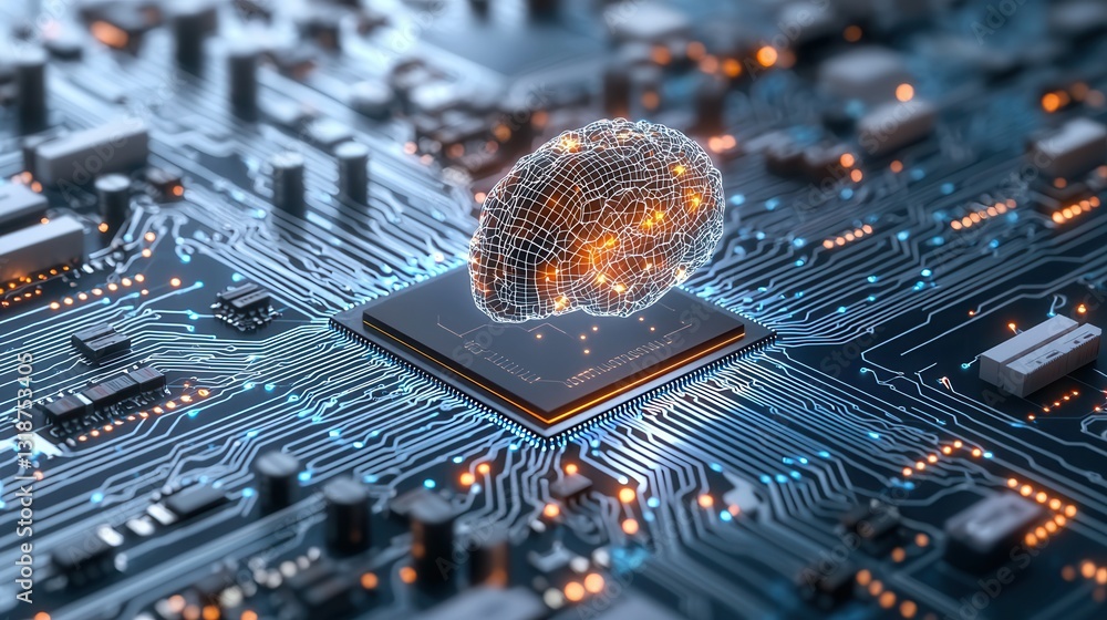 Poster high tech evolution representation featuring a futuristic circuit board design with intricate patter