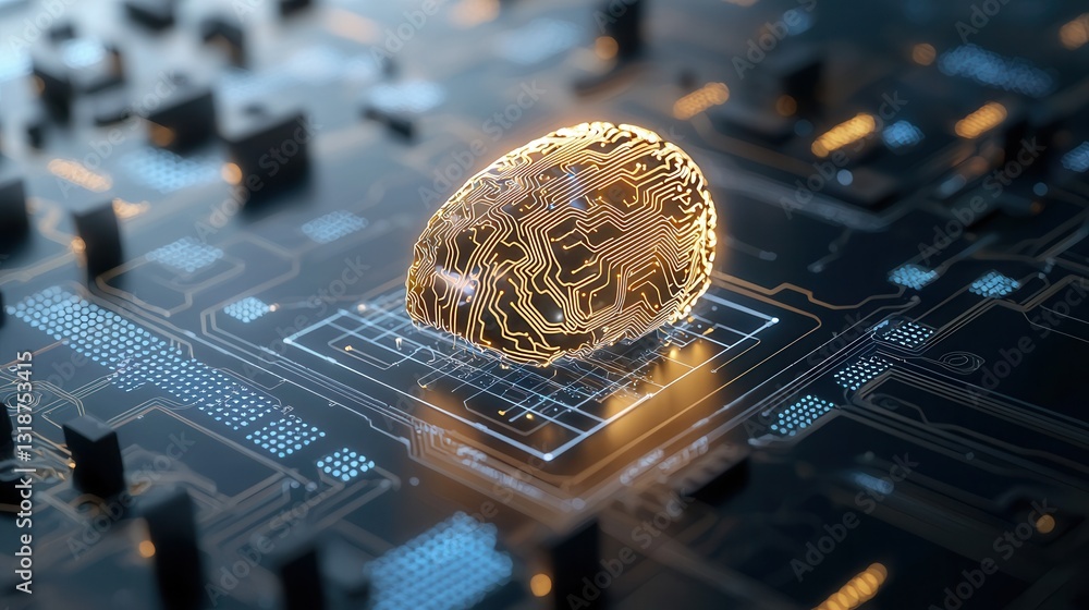 Poster high tech intelligence concept featuring a glowing microchip or processor on a dark digital circuit 
