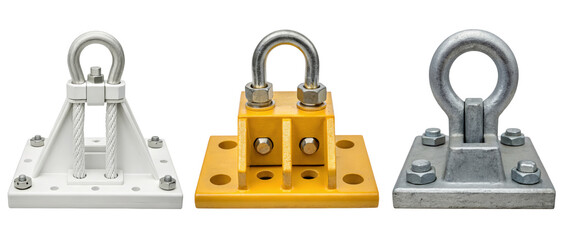 Three metal anchor points with rings on a transparent background