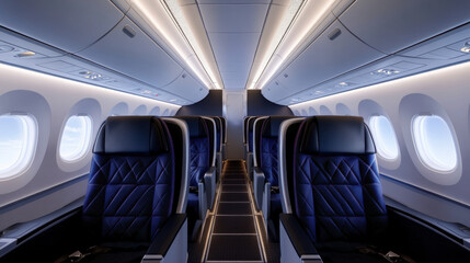 Interior of a passenger train and airplane with empty seats and no passengers
