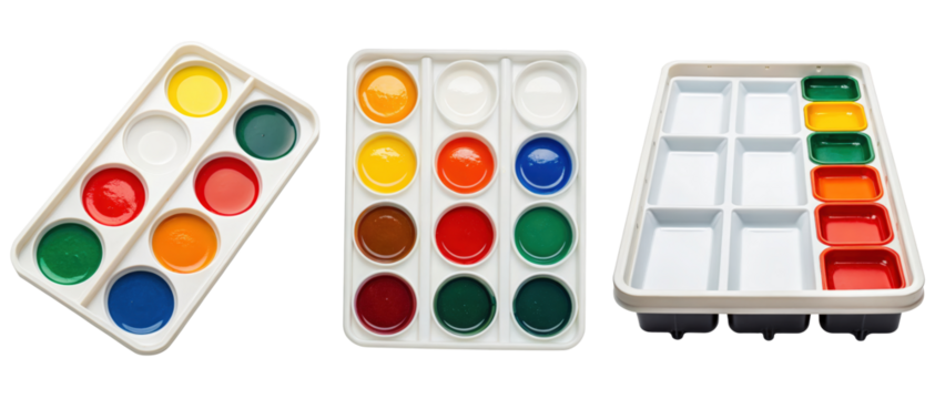 Three plastic paint palettes with colors on a transparent background