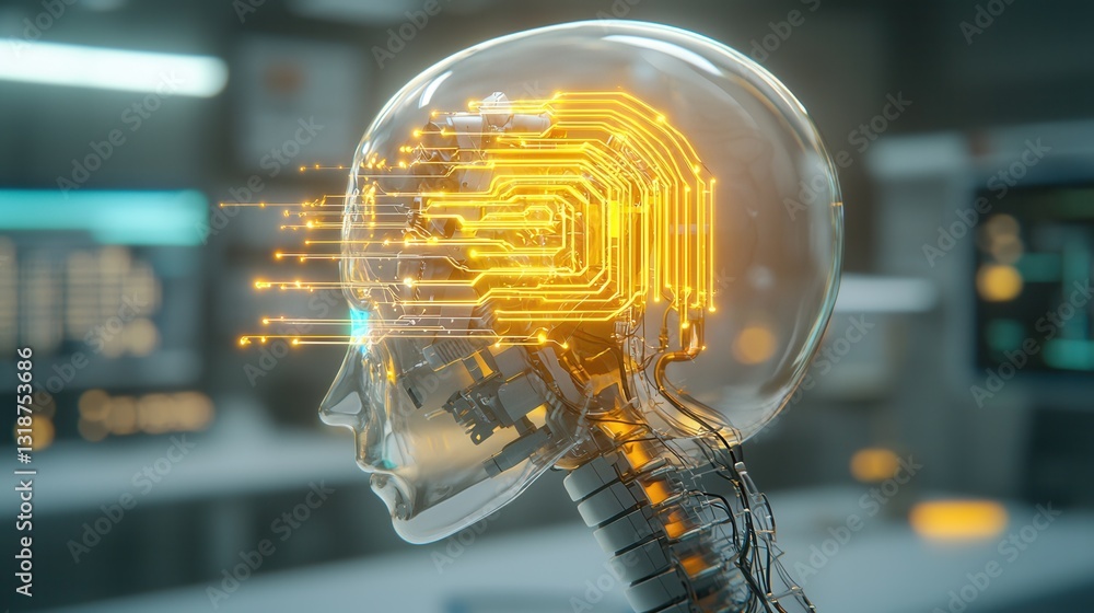 Poster glowing intelligence humanoid with futuristic high tech digital circuit patterns and lights in abstr