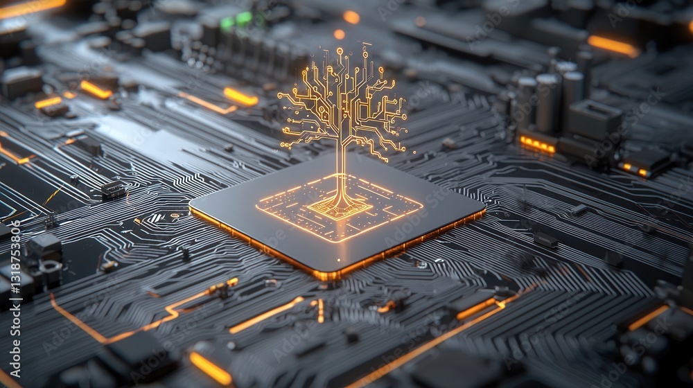 Poster futuristic glowing circuit board tree with intricate interconnected microchips and processors in war