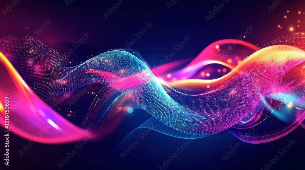 Poster luminous neon curves and elegant glowing streaks floating in a digital 3d space with a futuristic at