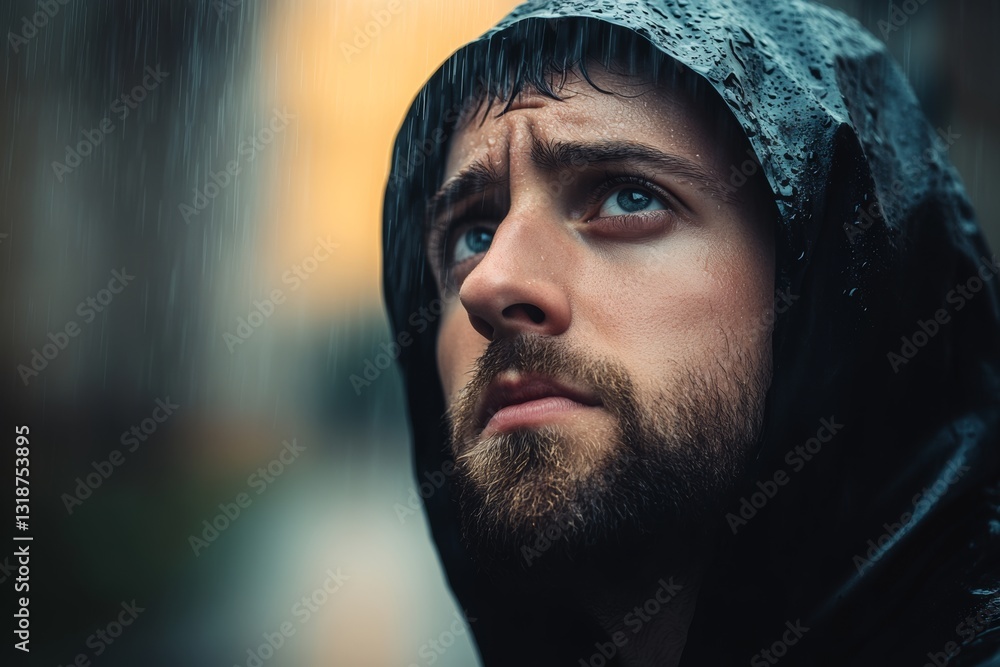 Poster man with a beard and a hooded jacket is standing outside in the rain, looking up at the sky. the sky