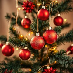 Warm red ornaments adorn a festive holiday tree on beige background, gold, ornaments