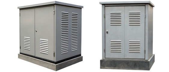 Two gray metal electrical enclosures on a transparent background